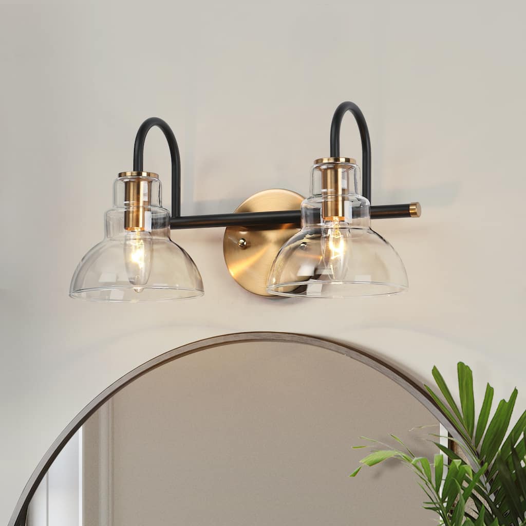 Modern Black Gold 2-Light Bathroom Vanity Light Wall Sconce with Clear Glass - 14.5" L x 7.5" W x 8" H