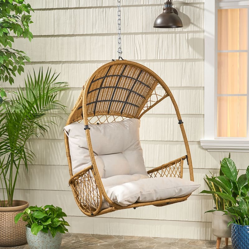 Outdoor Rattan Hanging Chair, Cozy Basket Chair with Water-Resistant Cushions, Wicker Swing Chair
