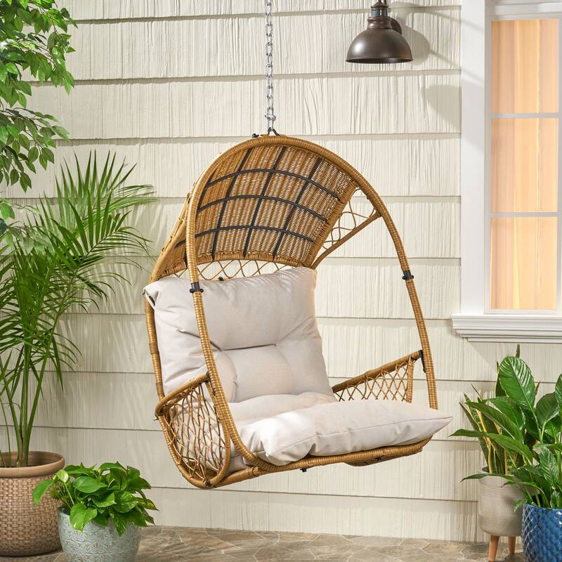 Roomfitters Outdoor Hanging Wicker Egg Chair, Teardrop Swing Seat with Soft Cushion & Steel Chain for Patio Balcony, Brown+Beige