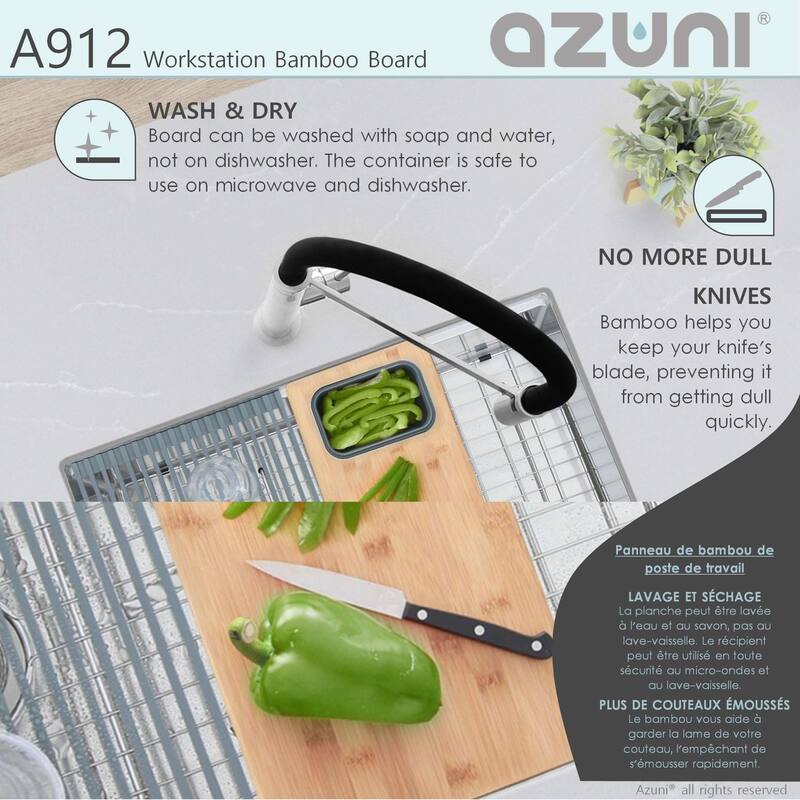 AZUNI 16.75 inch Workstation Sink Bamboo Cutting Board set with 1 Collapsible Container - 16.75" x 8.5"