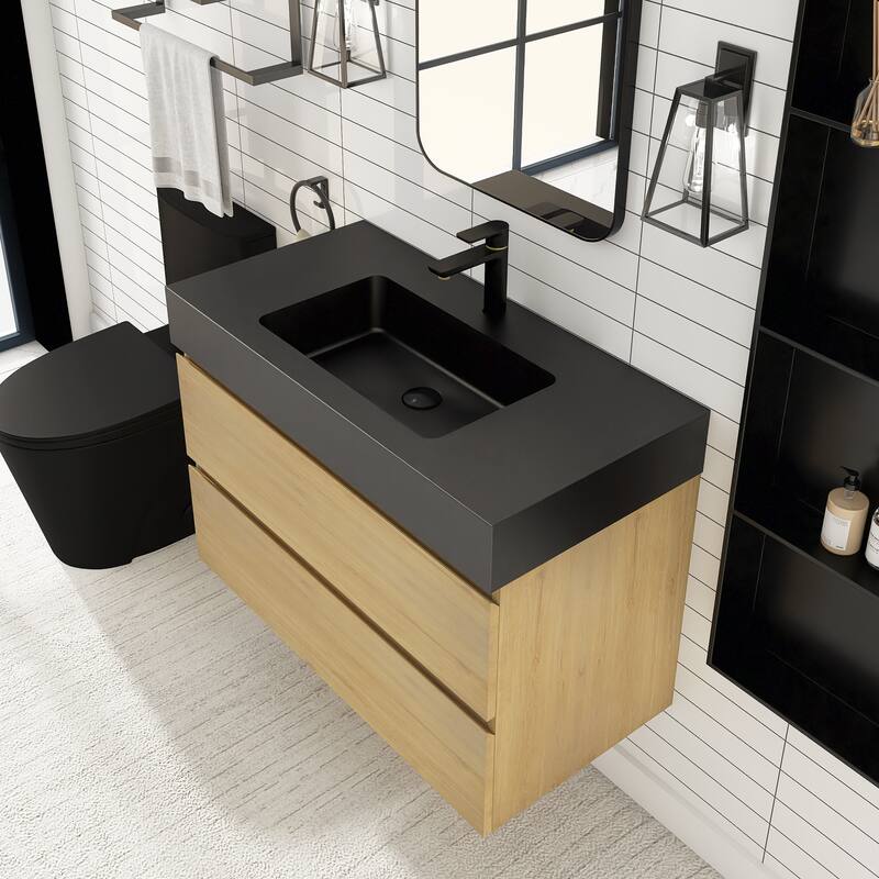 Floating Bathroom Vanity with Black Solid Surface Top