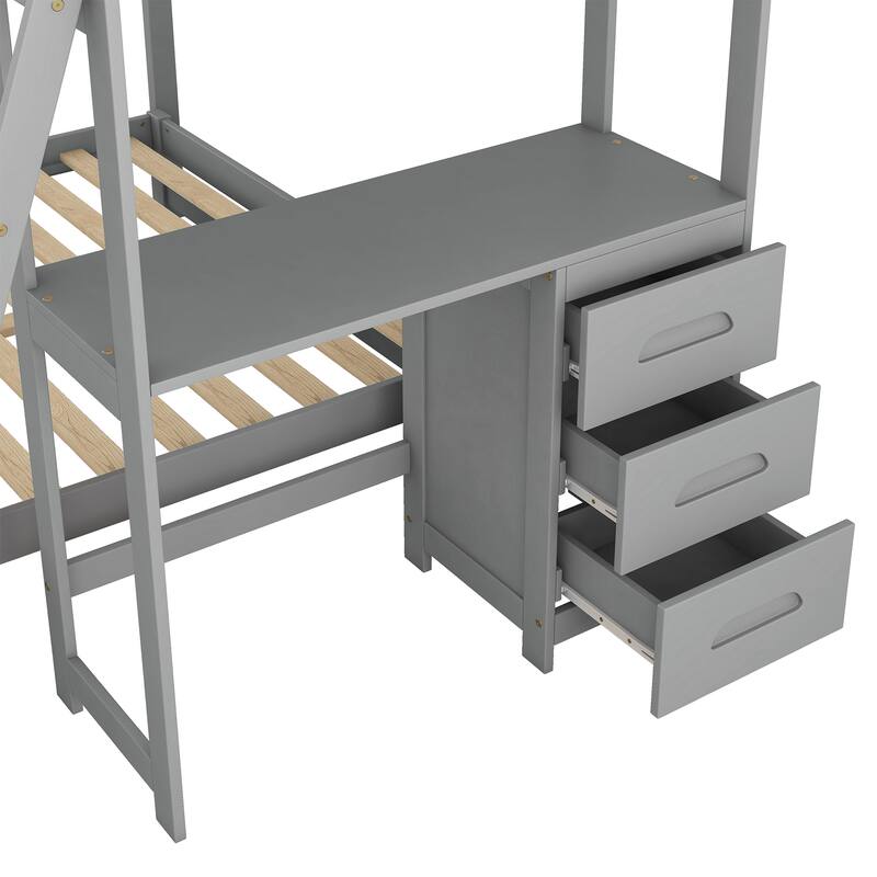 Wooden Twin Over Full Bunk Bed with Built-in Desk and 3 Drawers, Separable Beds