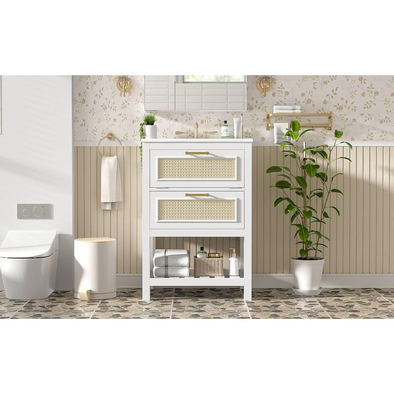 24"Bathroom Vanity with Integrated Ceramic Sink,Bathroom Cabinet with 1 Deep Drawer,1 Tip-Out Drawer,Single Sink Bathroom Vanity