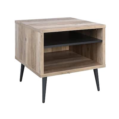 Carly 22 Inch Side End Table, Tapered Legs, 1 Shelf, Light Brown and Gray