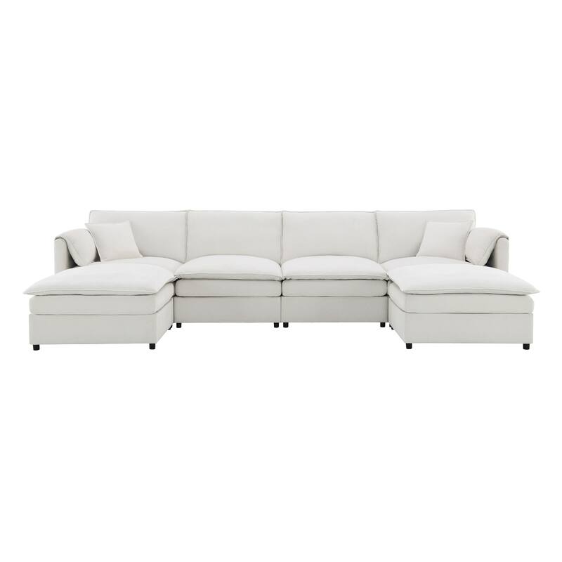 White 134" Chenille U-Shaped 6-Seater Modular Sectional Sofa with Double Cushions and Detachable Ottomans for Flexibility