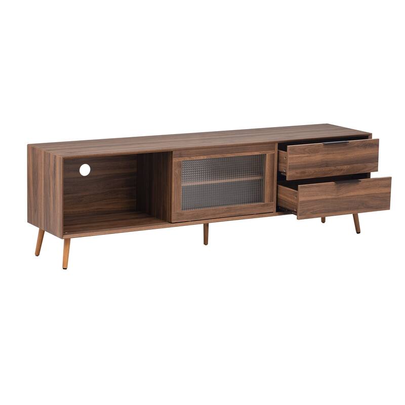 Modern TV Stand for 75"+ TV, TV Console with 2 Glass Doors, Entertainment Center with 2 Drawers & Storage Cabinet