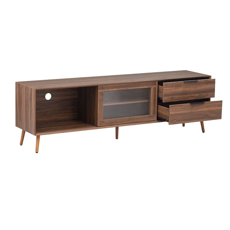 TV Stand with 2 Glass Doors, Entertainment Center with 2 Drawers and Open Shelves, Media Console Table with Solid Wood Legs