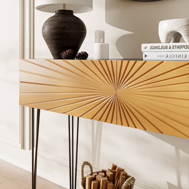 Wood Console Table with Radial Sunburst Drawers, Sofa Table with Soft-Close Storage, Entryway Accent Table with Open Shelf
