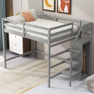 Full Size Loft Bed with Built-in Wardrobe and Storage Staircase