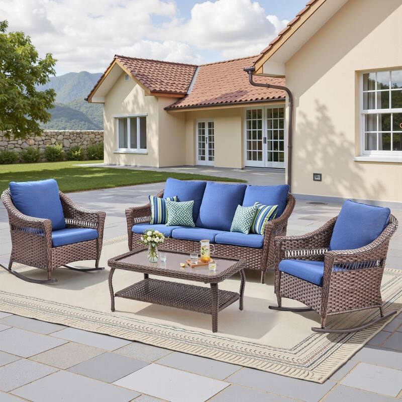 Pocassy 4 Piece Sofa Rocker Chair with Coffee Table - Brown & Blue