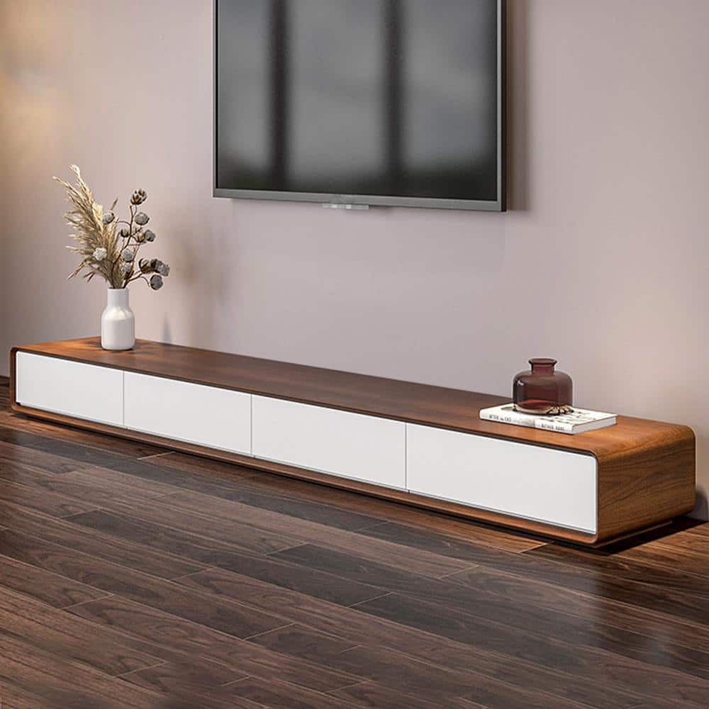 Modern Rectangular TV Stand with 4 Drawers, Wood Veneer Media Console, Walnut White, Soild Wooden, Fully-Assembled