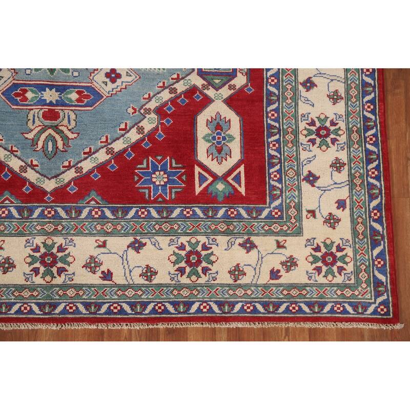 Hand Knotted Oriental 100% Wool Carpet Traditional Geometric Navy Blue & Blues Kazak Area Rug - 9' 7'' X 6' 10''