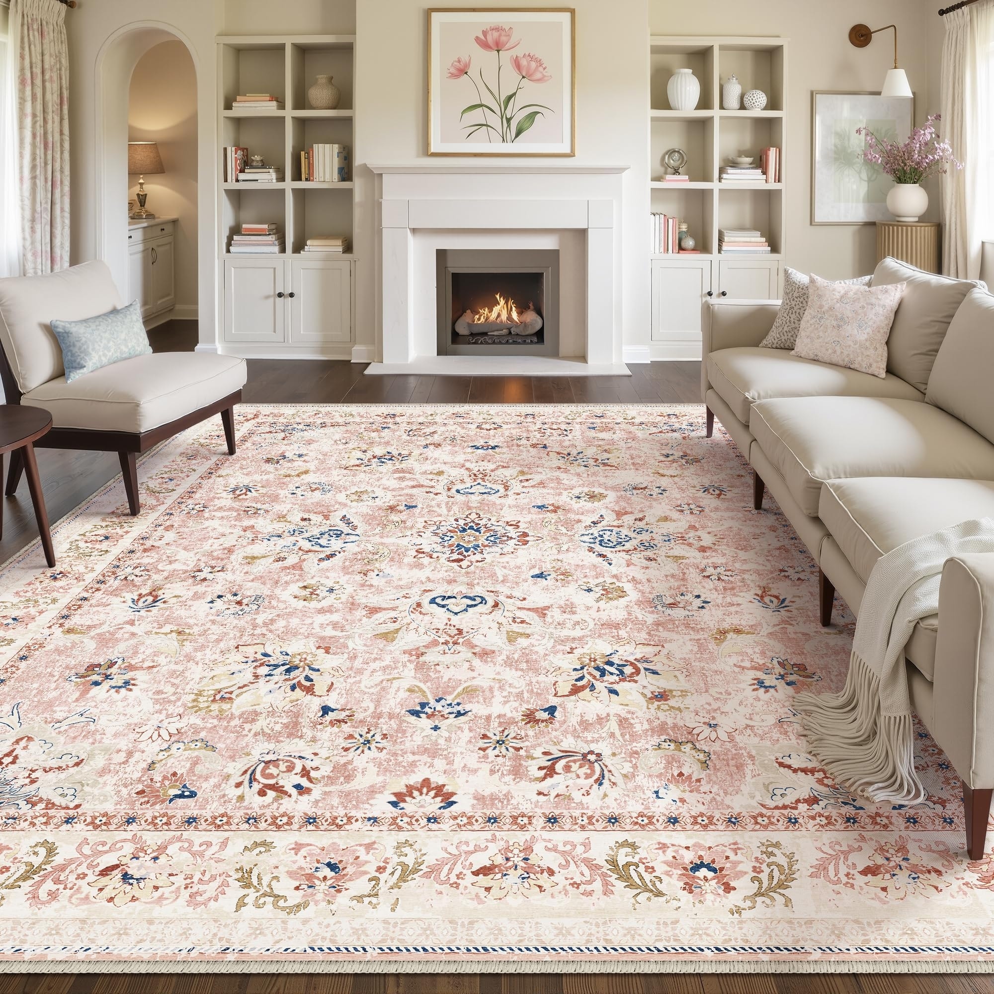 8x10 Pink Floral Rug, Washable Neutral Low Pile Non-Slip Carpet