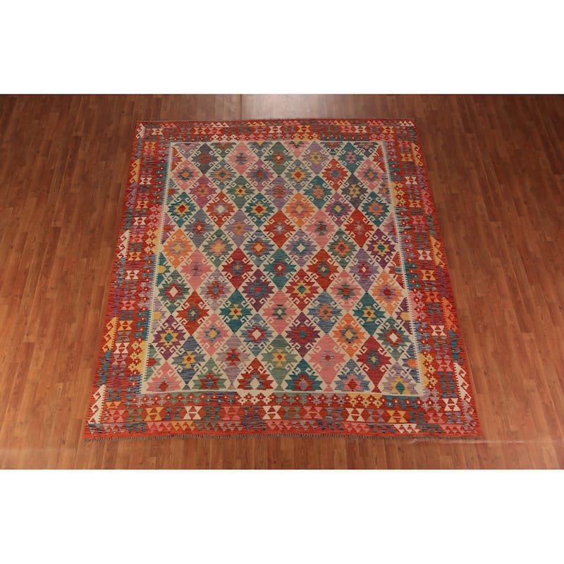 All-Over Geometric Kilim Oriental Area Rug Flatweave Wool Carpet - 8'7"x 9'4"