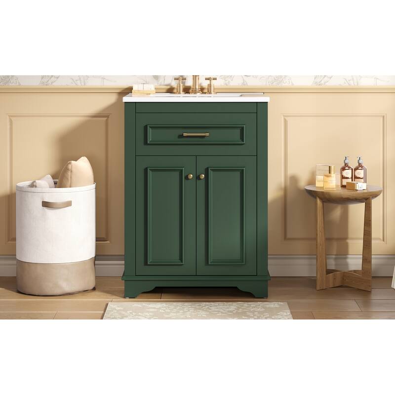 24" Bathroom Vanity with Integrated Ceramic Sink, Bathroom Cabinet with 2 Doors, 1 Tip-Out Drawer