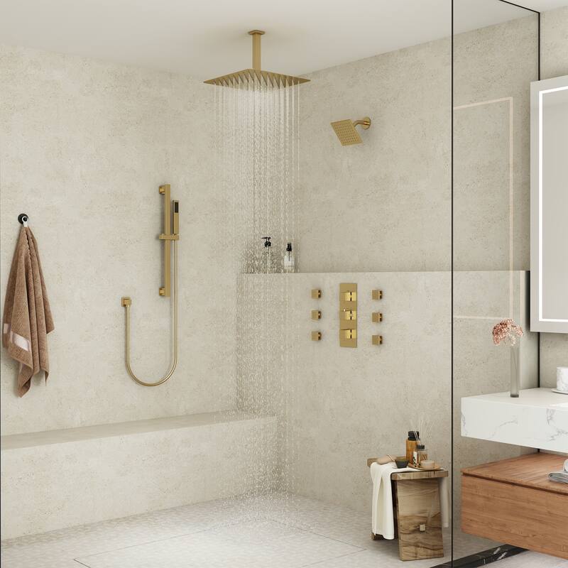 CASAINC Dual Heads High Pressure 16 Inch 4 Function Shower Head Shower System with Sliding Rod Handheld Shower and 6 Body Jet
