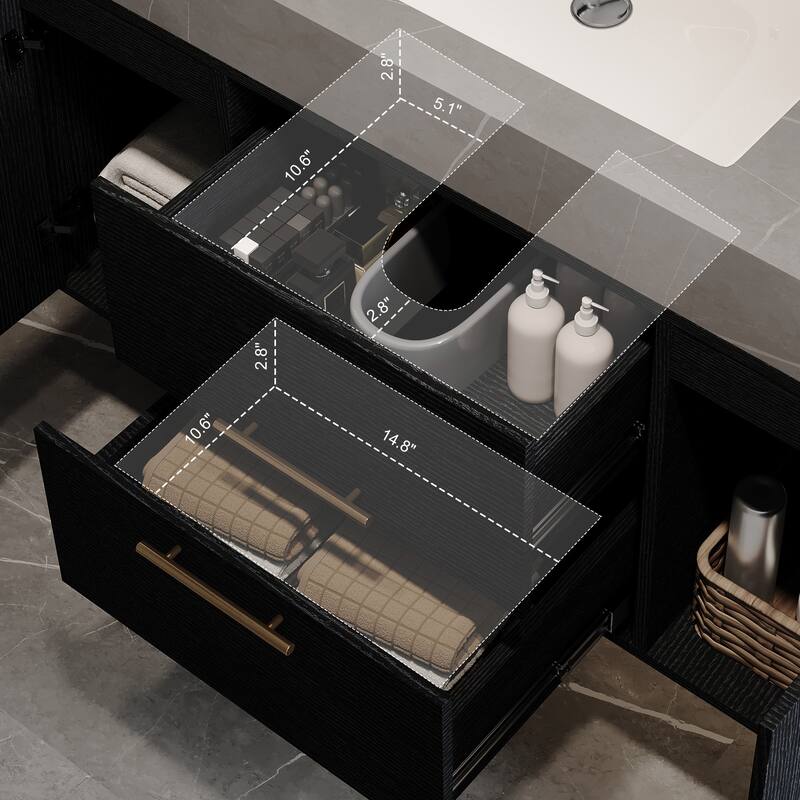 39.4 Inches Single Floating Bathroom Vanity with Faux Marble Top, Ceramic Sink, 2 Multi-layer Solid Wood Drawers & 2 Cabinets