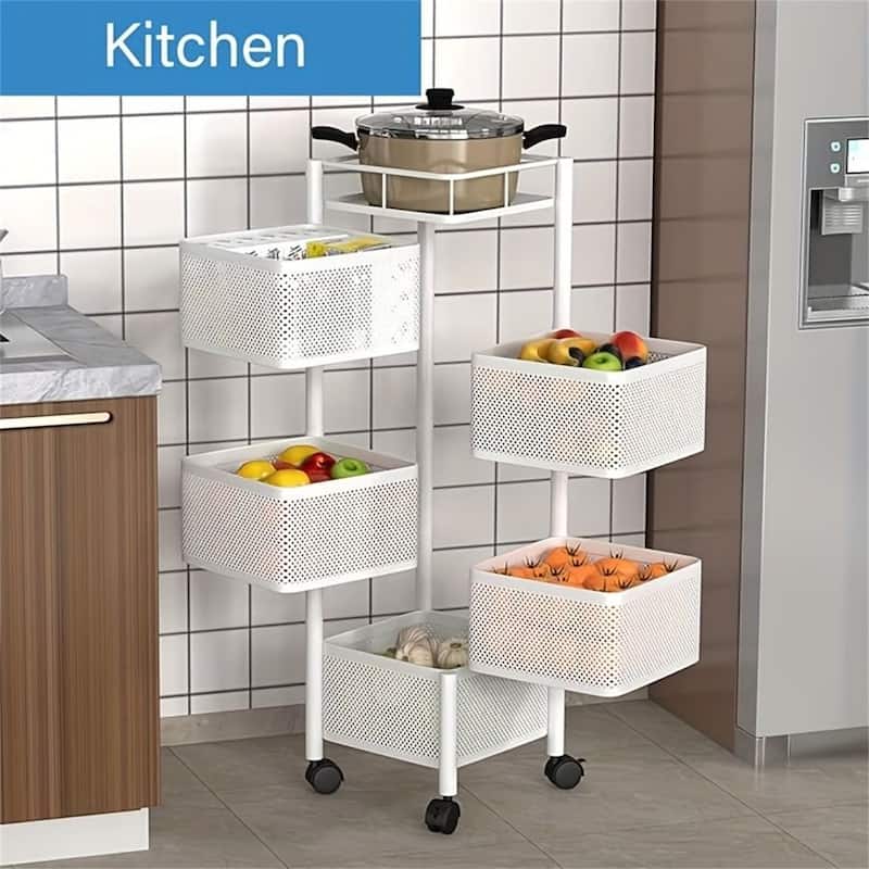 5-Tier Rotating Storage Shelf, Square Metal Kitchen Cart with Wheels