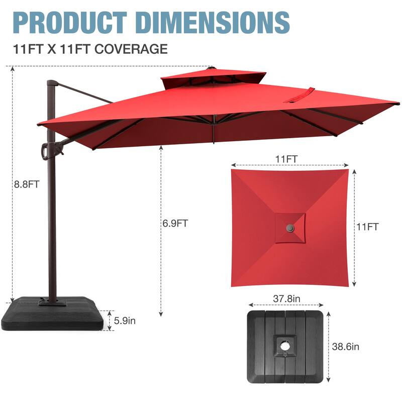 VredHom 11 FT Square Outdoor Patio Double Top Cantilever Umbrella with Weight Base