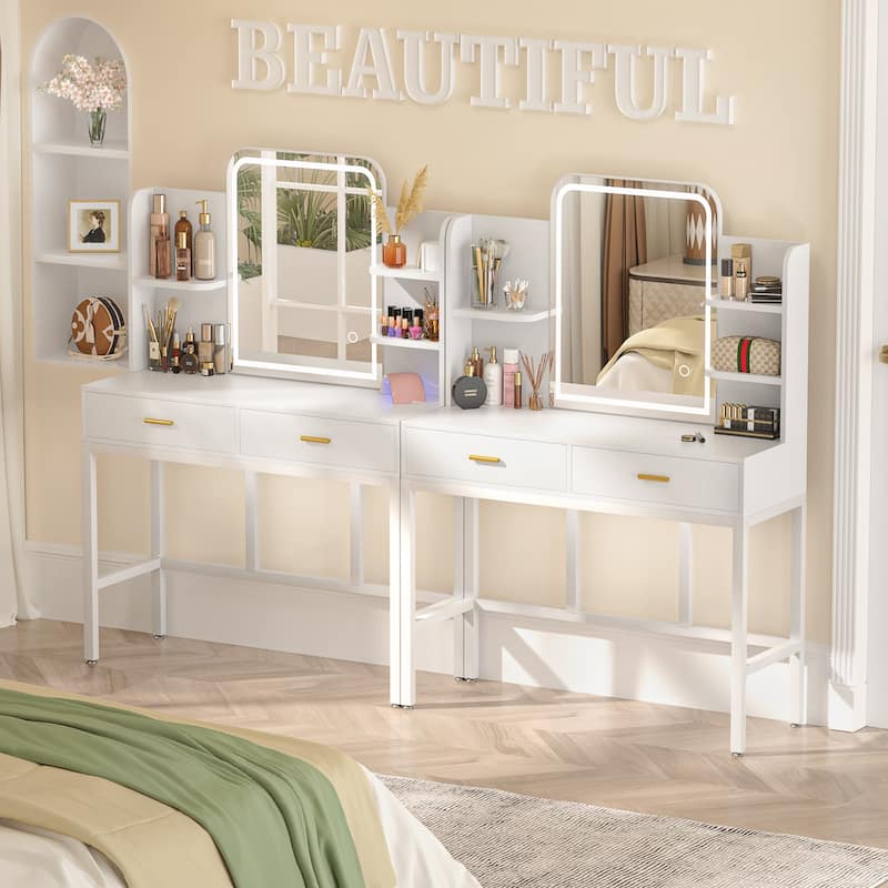 Vanity Table with LED Mirror, Kid's Makeup Vanity Desk with 2 Storage Drawers