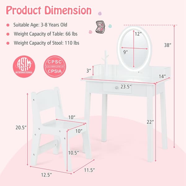 dimension image slide 1 of 2, Costway Kids Vanity Set with Lighted Mirror Chair 2-Color LED Lighting - See Details