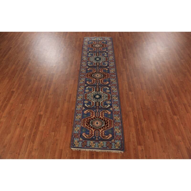 Geometric Kazak Indian Runner Rug Handmade Blue Wool Carpet - 2'6"x 9'10"