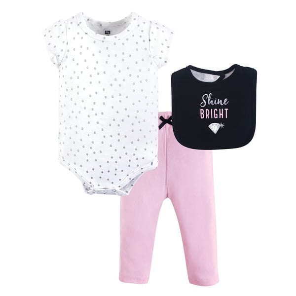 slide 1 of 1, Hudson Baby Infant Girl Cotton Bodysuit, Pant and Bib Set, Shine 0-3 Months - Shine