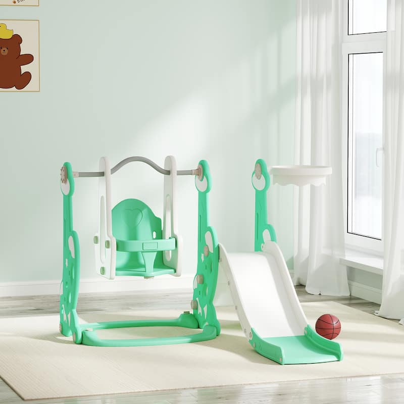 Outdoor Toddler Playset with Slide Swing Climber Platform and Basketball Hoop Activity - 58.1" L x 63" W x 42.1" H - Green