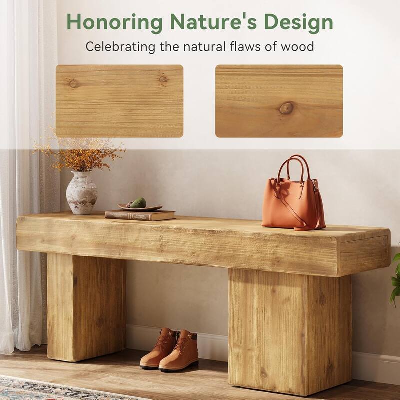 47" Thickened Solid Wood Bench, Rustic Farmhouse Entryway Bench with Artistic Legs
