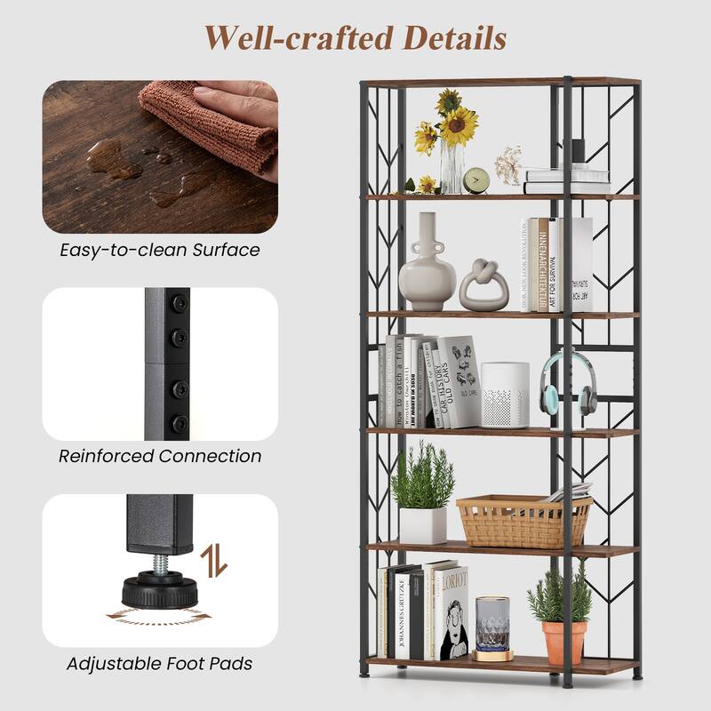 Gymax 2PCS 6-Tier Bookshelf w/Heavy-duty Metal Frame2 Anti-tipping