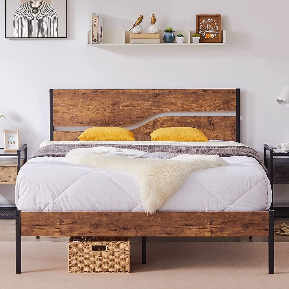Javlergo Metal Platform Bed Frame with Wooden Headboard and Footboard Farmhouse Rustic Platform Bed Frame No Box Spring Needed