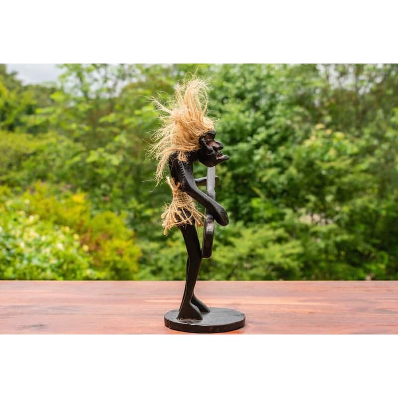 Handmade Wooden Primitive Guitarist Tribal Funny Statue Sculpture Tiki Bar Handcrafted Gift Decor Playing Guitar Standing Up