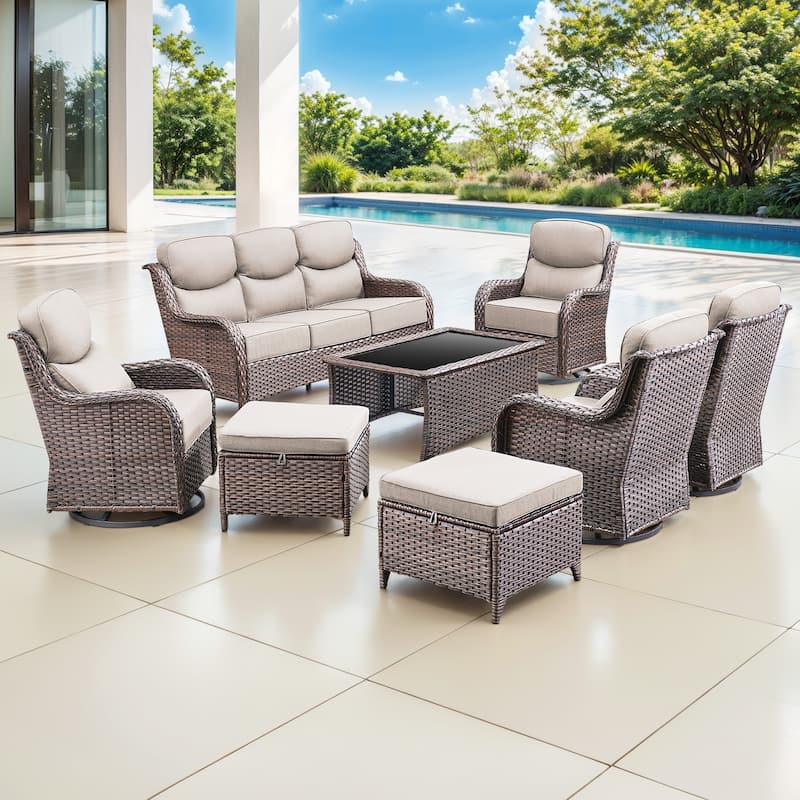 Gymojoy 8-Piece Patio Furniture Set with Swivel Glider Chairs, 6-Inch Ultra-Plush Cushions & Water-Resistant Olefin Fabric - Brown Wicker / Beige Cusion - 8-Piece