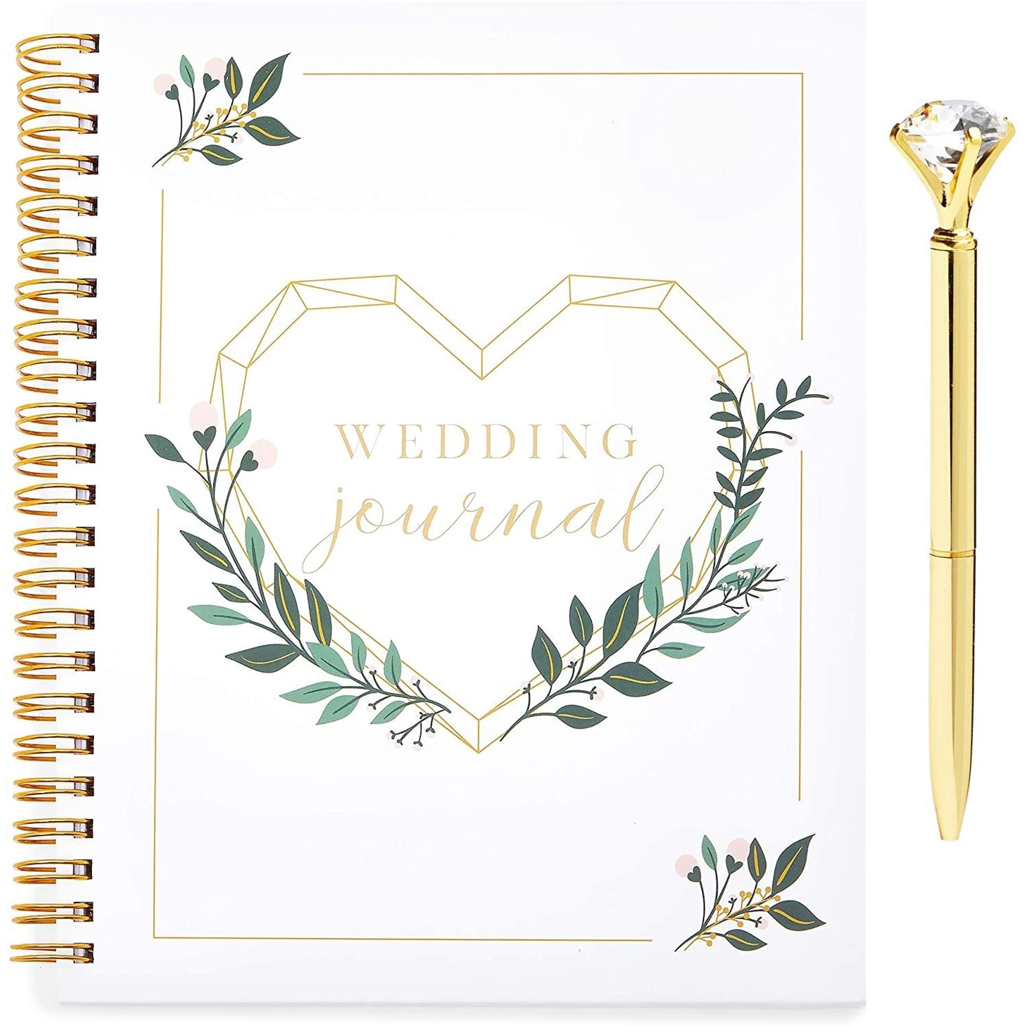 Paper Junkie 2 Pcs Set Wedding Notebook Planning Journal with Gold Diamond Pen for Bride 7x8