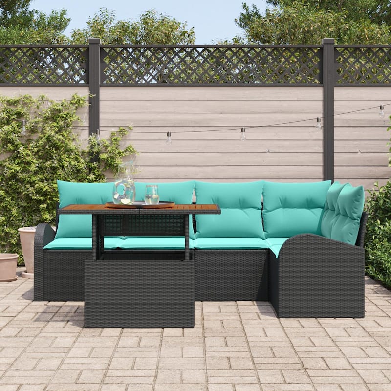 vidaXL 6 Piece Garden Sofa Set with Cushions Black Poly Rattan - 92.1×48.8×27.2