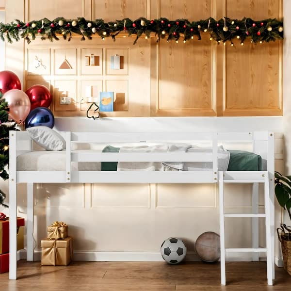 slide 2 of 10, Full Size Wood Low Loft Bed with Ladder, Ladder Can Be Placed On The Left Or Right White