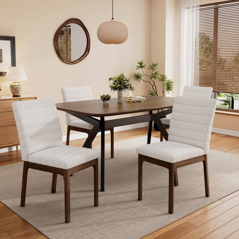 Rectangular Dining Table Set with Rubberwood Table Upholstered Chairs, Optional 5-Piece or 7-Piece - Light Beige - 5-Piece