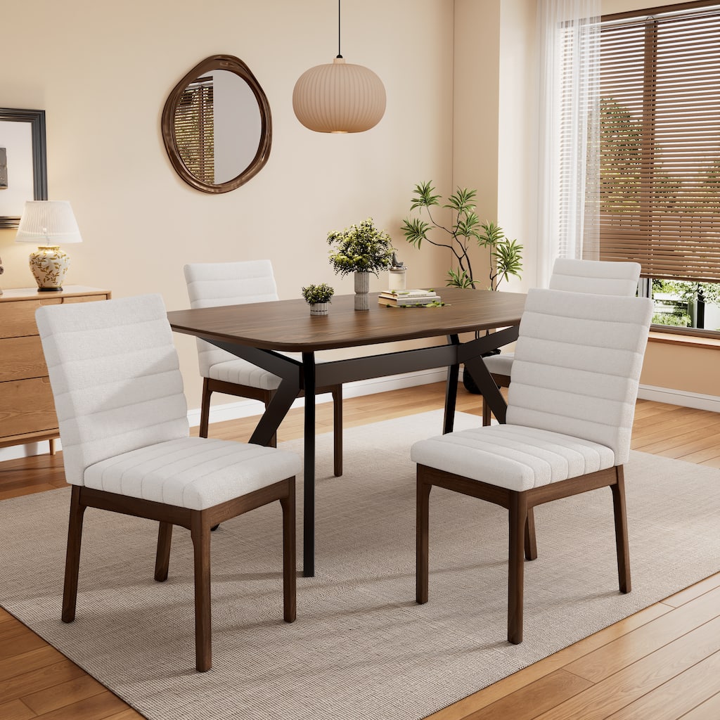 Roomfitters Dining Set Mid-Century Modern Solid Rubberwood Table Fabric Chairs, Light Beige Walnut Black