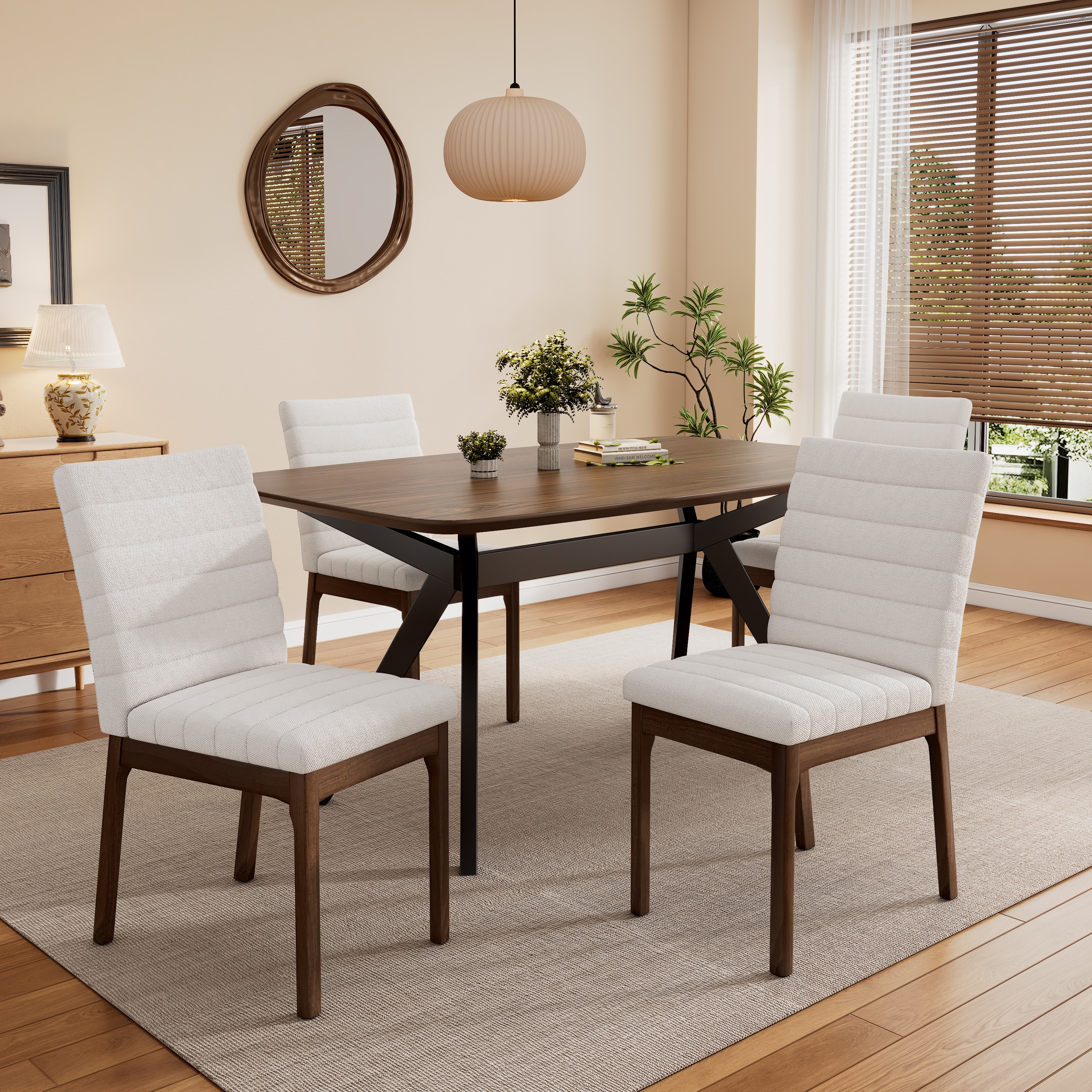 Simple Dining Set 5-Piece Office Set with Upholstered Chairs, Reception Table Light Beige Coffee Table with Side Chairs