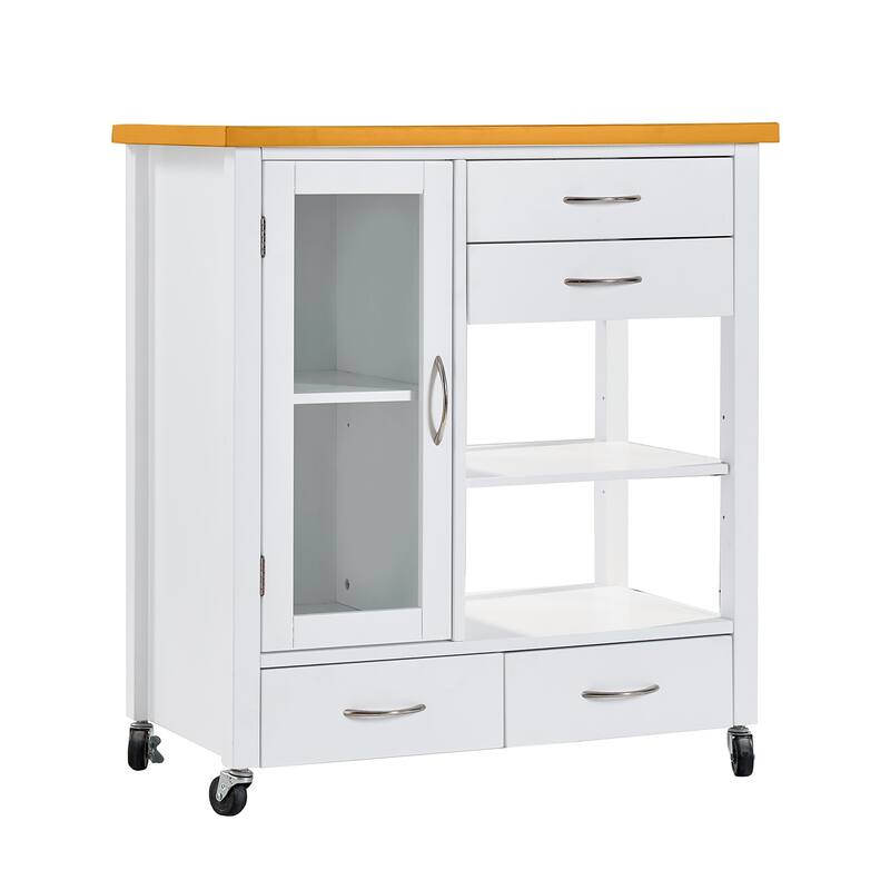 Anmytek Multifunctional Rolling Kitchen Island Cart Walnut Wood Top Storage Cabinet with Drawers Towel Bar White