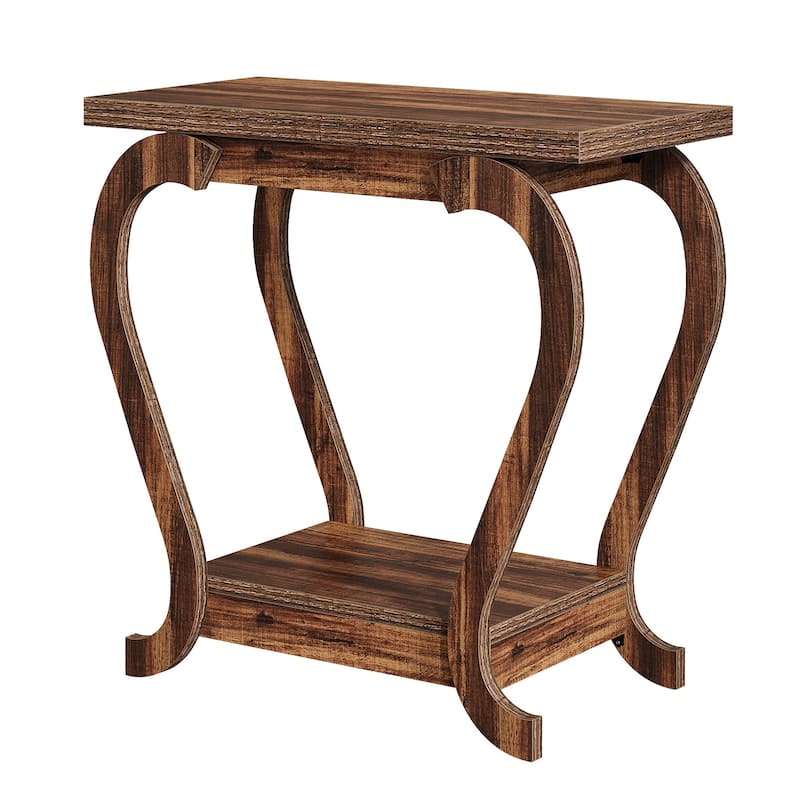 2-Tier End Table, Narrow Wood Side Table with Storage Shelves