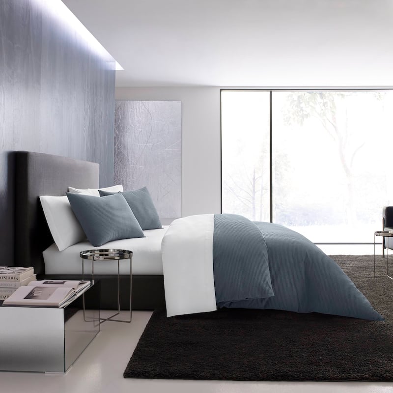 Vera Wang Waffle Pique Cotton Duvet Cover Set - Midnight Blue - Queen