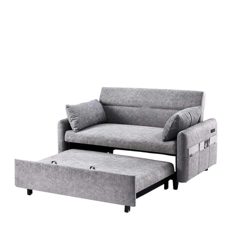 3-in-1 Pull Out Sofa Bed, Couch Bed with Adjsutable Back and Storage Pockets, 2 Seater Sofa with 2 Soft Pillows and USB Ports