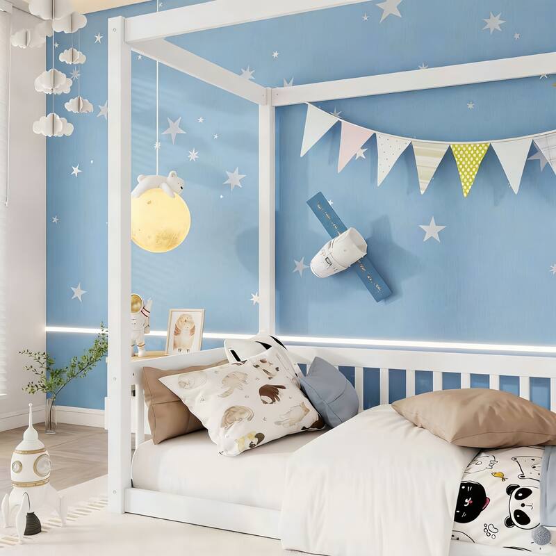 Twin Size Canopy Frame Floor Bed with Fence, Guardrails, White