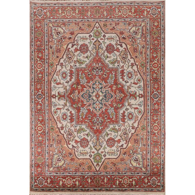 Ivory & Orange Heriz Serapi Indian Area Rug Handmade Wool Carpet - 7'10"x 9'11"