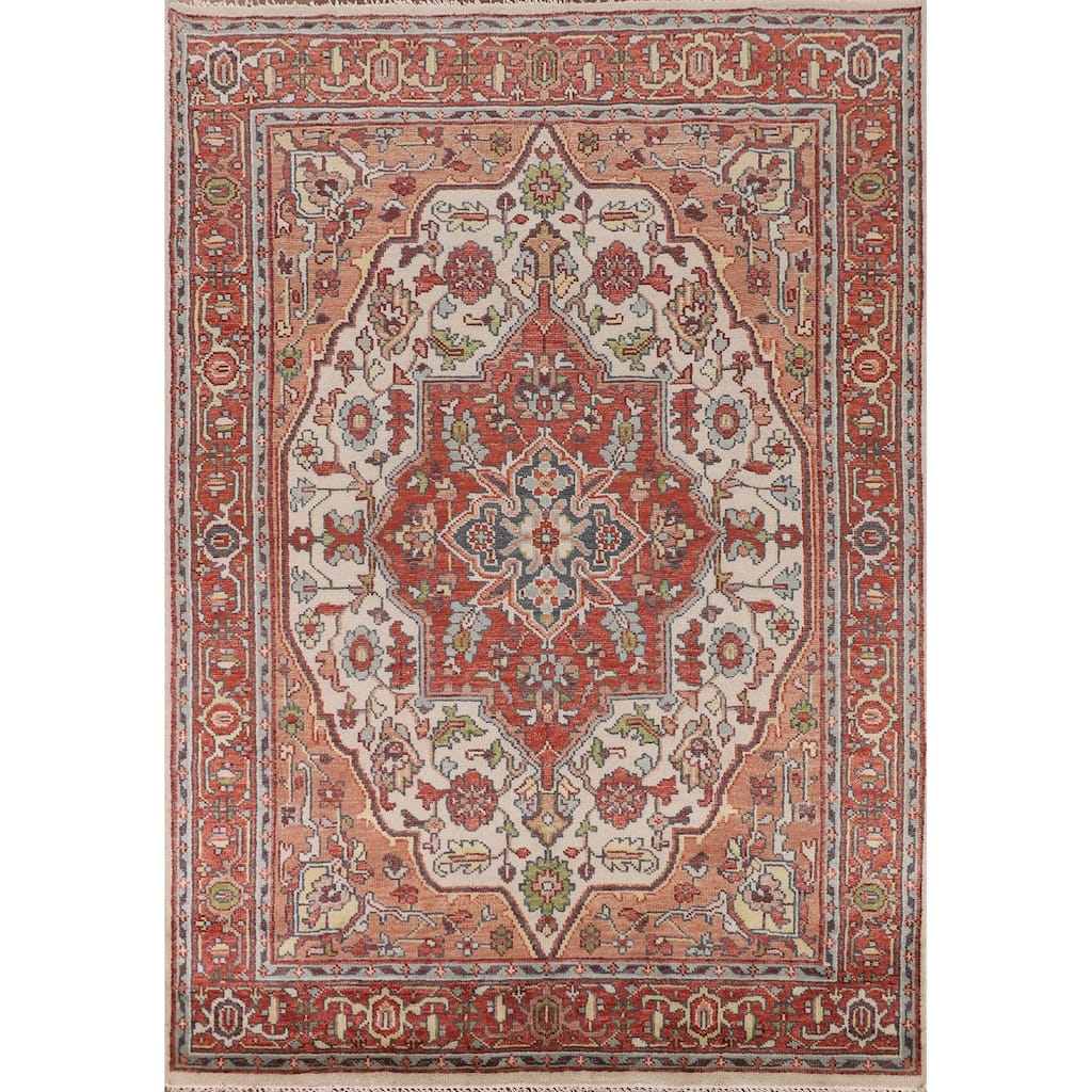 Ivory & Orange Heriz Serapi Indian Area Rug Handmade Wool Carpet - 7'10"x 9'11"