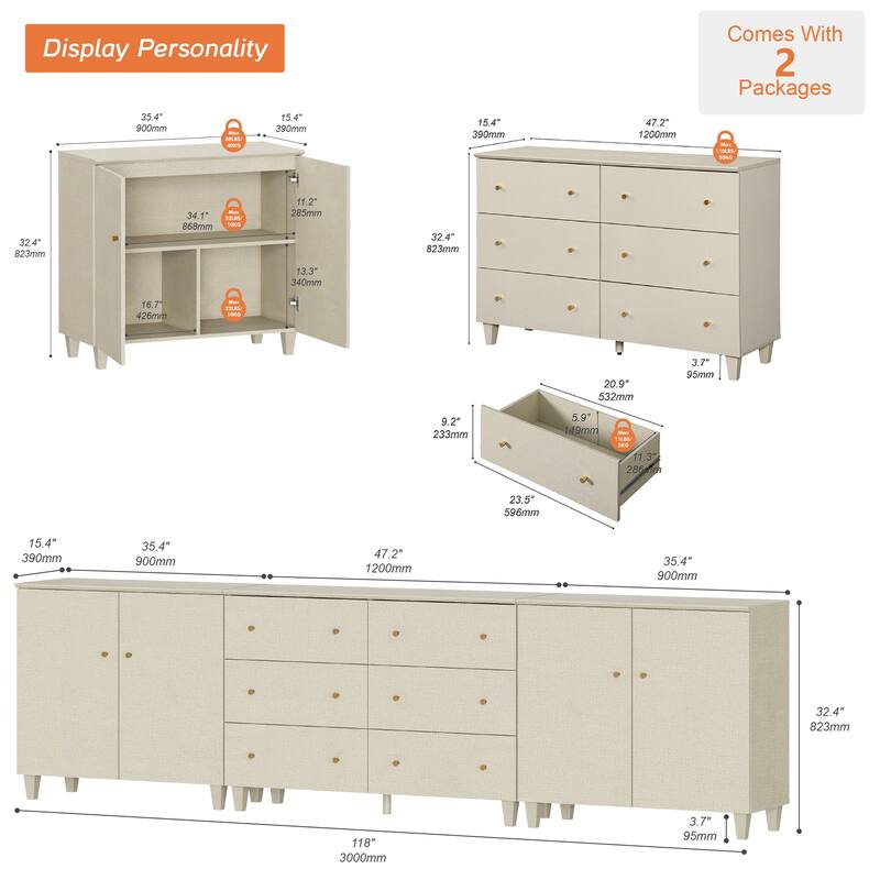 Wood Dresser with 6 Drawers and 2 Cabinets for Bedroom, 118" Wide