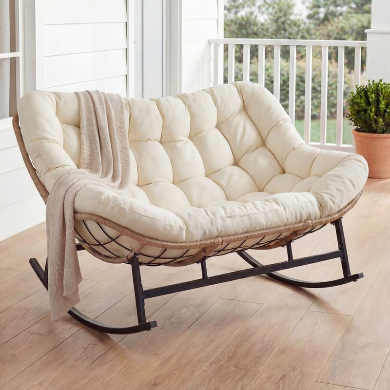 60" Double Papasan Rocking Chair for 2, 700-lb Capacity Wicker Egg Rocker with 5.1" Thick Cushion - 1-Piece (Chair) - Beige