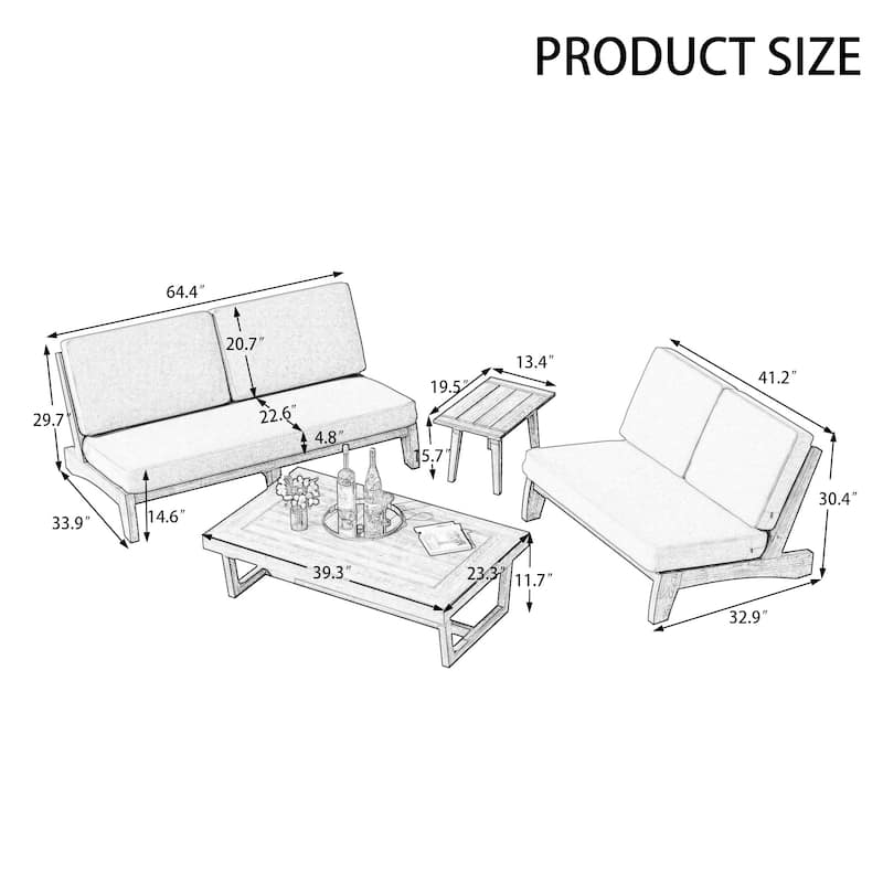 Casual Teak Outdoor Patio Conversation Set with Cushioned Sofa Loveaseat