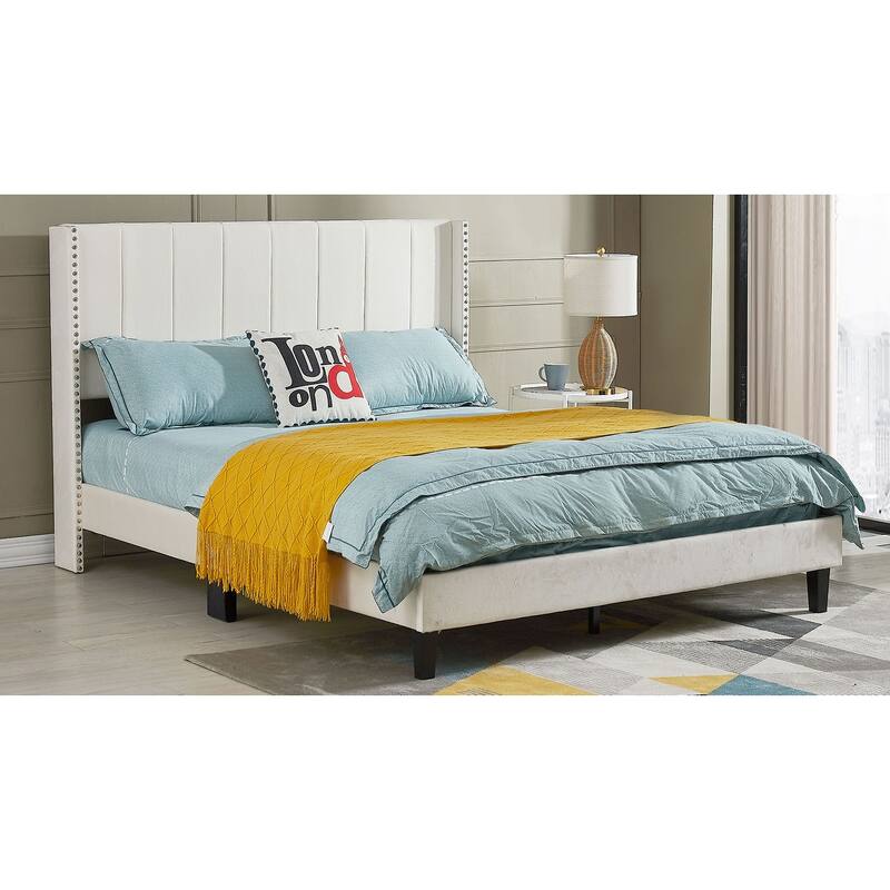 Beige Velvet Upholstered Queen Bed Frame with Vertical Channel Tufted